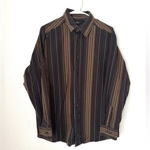 Ratio Dress Shirt Mens L Brown Black Button Front Vertical Striped Collared Top